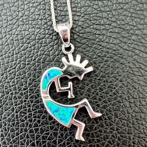 Southwest Kokopelli Pendant Necklace, Signed AK .925, Lab Opal Inlay, 16” Chain